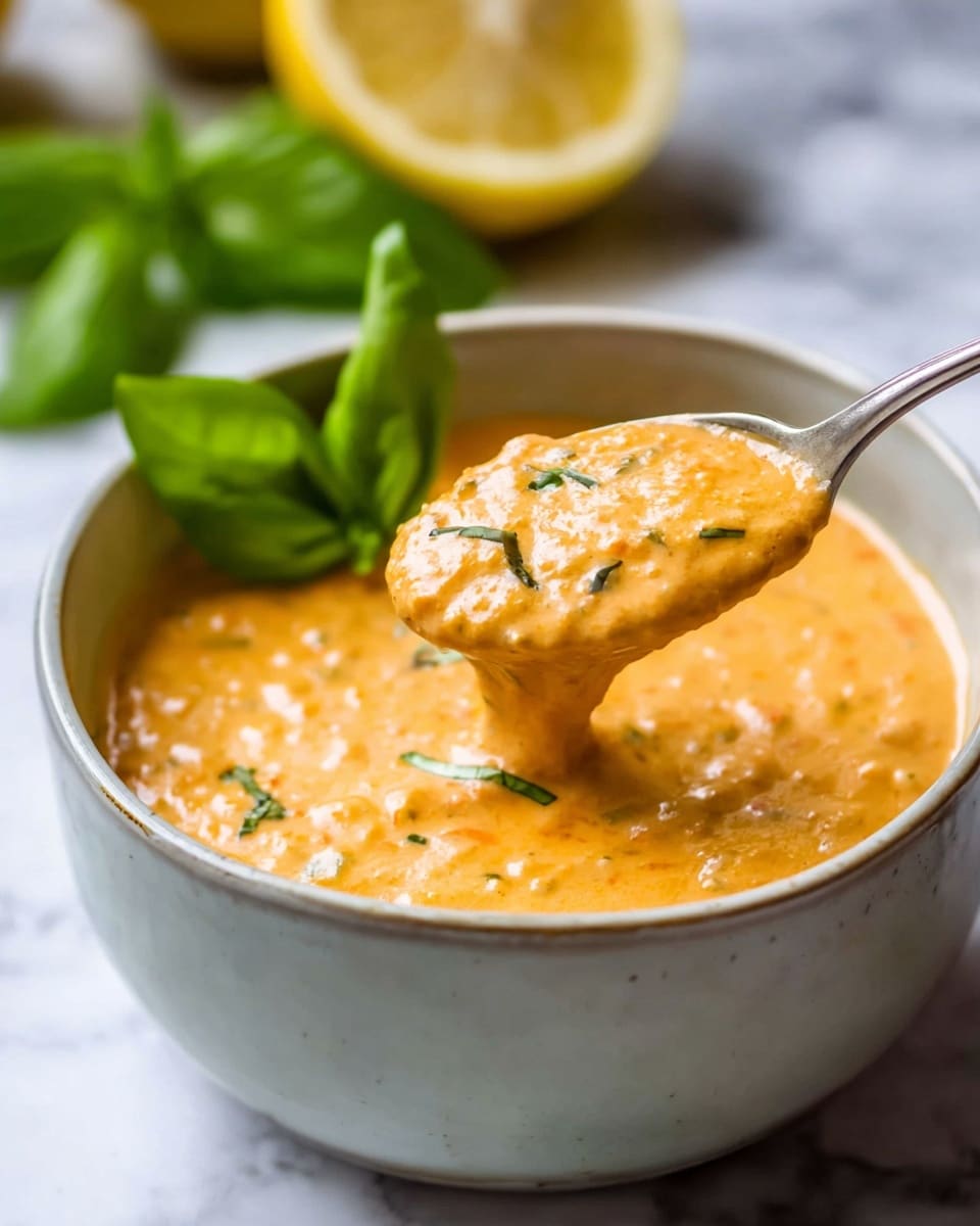 A close-up view of a light gray bowl filled with creamy orange soup, showing a thick, slightly chunky texture with small bits and herbs mixed in. The soup is garnished with two fresh green basil leaves sitting on top near the edge of the bowl. A silver spoon is held above the bowl, scooping up a generous spoonful of the soup, highlighting its thick consistency. In the blurred background, there is half a lemon with a bright yellow color and some green basil leaves. The bowl is placed on a white marbled surface. photo taken with an iphone --ar 4:5 --v 7