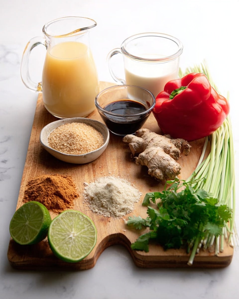 The image shows a wooden cutting board on a white marbled surface with various ingredients arranged neatly on it and around it. On the board, from left to right, there's a small bowl of light brown granulated sugar, a small pile of beige powdered spice in front, a piece of fresh ginger, a small bowl with a dark thick paste, fresh green cilantro, fresh green lemongrass stalks, a whole white onion, and a large red bell pepper half. Around the board, there is a glass jug filled with a light yellow liquid on the left, a glass cup filled with white coconut milk behind the board, a small glass container with dark soy sauce at the center back, and a halved lime at the front left corner. The lighting is bright and soft, highlighting the fresh colors and textures of the ingredients. Photo taken with an iphone --ar 4:5 --v 7