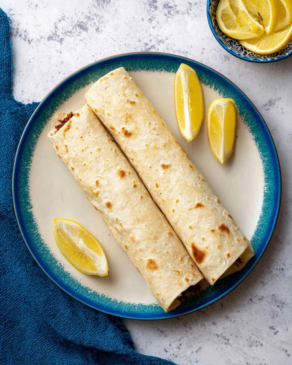 Two rolled tortillas with light brown spots lie side by side on a round white plate with a blue inner surface. The tortillas are thin, with visible texture and some darker browned spots, showing a soft and light crust. Small bits of dark filling peek slightly from the open ends of the rolls. Three lemon wedges with bright yellow flesh and white rinds are arranged to the right of the tortillas on the plate. The plate is placed on a white marbled surface. A blue cloth is partially visible to the left of the plate, and a small bowl containing lemon wedges sits at the top right corner of the image. Photo taken with an iphone --ar 4:5 --v 7