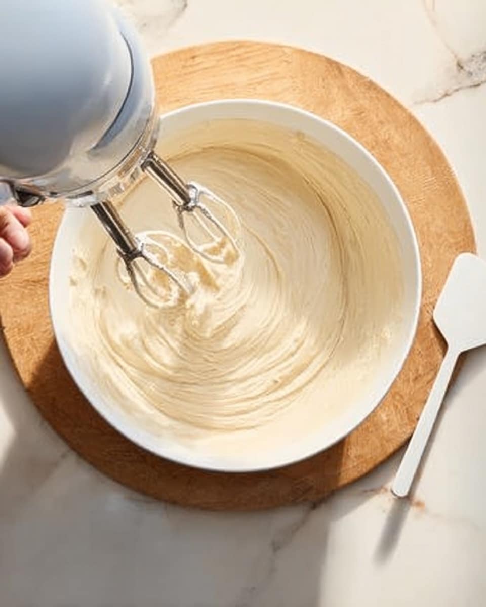 A white bowl filled with smooth, creamy batter is placed on a round wooden board on a white marbled surface. Two metal beaters from an electric mixer are swirling through the light beige batter, creating soft waves and peaks. A white spatula rests on the wooden board near the bowl, and a woman's hand holds the mixer handle, gently mixing the batter. The lighting is natural and soft, focusing on the texture of the creamy mixture. photo taken with an iphone --ar 4:5 --v 7