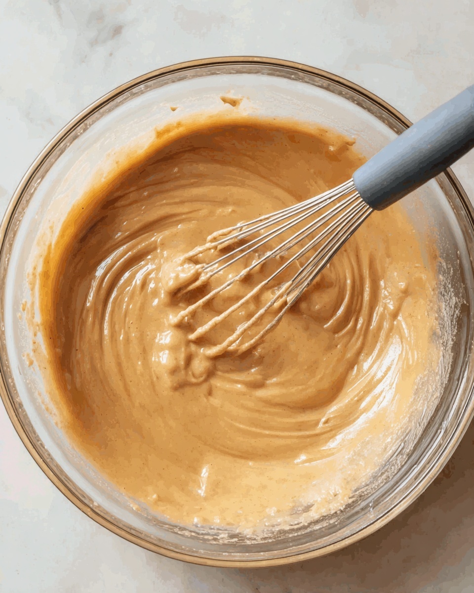 A clear glass bowl sits on a white marbled surface, filled with a smooth, light brown batter that has a creamy texture. A gray-handled whisk is partly inside the batter, with some batter clinging to the wires, showing gentle motion of stirring. The batter surface has soft swirls and a few small lumps, capturing the moment of mixing. photo taken with an iphone --ar 4:5 --v 7