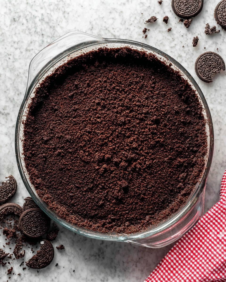 A single-layer dessert crust made from crushed dark chocolate cookies tightly packed inside a clear glass round pie dish with handles, showing a rough and crumbly dark brown texture evenly pressed up the sides and bottom of the dish, set on a white marbled surface scattered with some whole and broken dark chocolate cookies and a red and white checkered cloth partly visible at the edge of the frame, photo taken with an iphone --ar 4:5 --v 7
