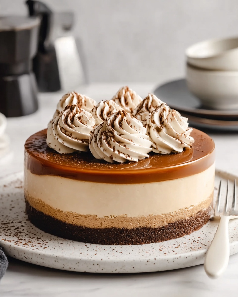 A round, three-layer dessert sits on a white plate with a speckled pattern; the bottom layer is a dark brown crumbly base, the middle layer is a thick, creamy beige mousse, and the top layer is a smooth, shiny caramel-colored glaze. On top, large swirls of light beige cream are arranged in a circular pattern, dusted lightly with cocoa powder. The dessert is placed on a white marbled surface, with a white fork beside the plate and blurred background objects including a moka pot and bowls. Photo taken with an iphone --ar 4:5 --v 7