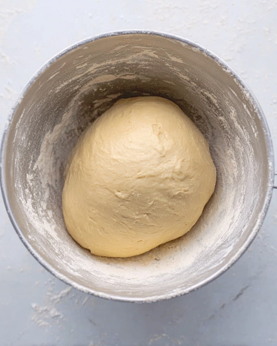The image shows a large ball of pale, smooth dough resting inside a white metal mixing bowl. The dough is slightly glossy and has a soft, elastic texture with small patches of flour dusted around its sides. The bowl has some white flour residue stuck on the inner surface, suggesting the dough has been kneaded or mixed. The background and surface are a white marbled texture. photo taken with an iphone --ar 4:5 --v 7