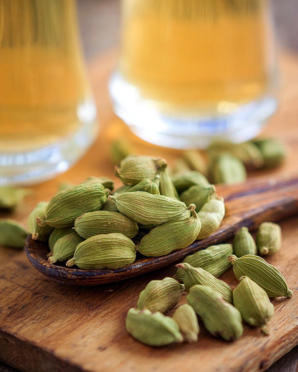 The image shows a group of green cardamom pods, mostly oval and slightly wrinkled, resting on a wooden spoon that lies on a light brown wooden surface. Some pods have spilled onto the surface around the spoon. In the background, there are two glass cups filled with a light yellow liquid, which are slightly out of focus. The overall scene is simple and natural, with a warm tone to the wooden surface. photo taken with an iphone --ar 4:5 --v 7