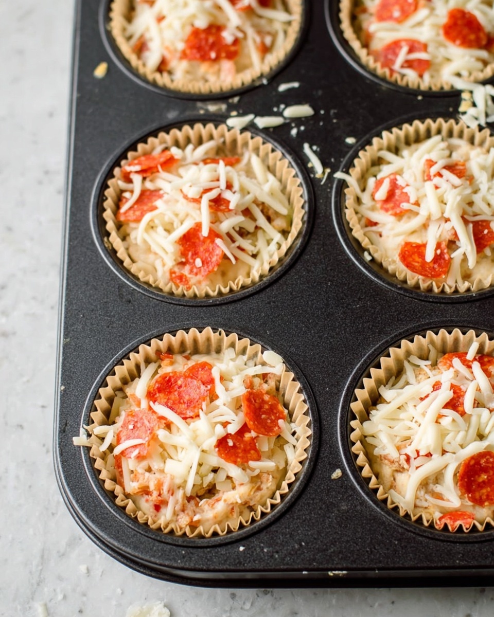 The image shows a black muffin tray filled with paper liners holding uncooked savory muffins. Each muffin has a light beige batter as the base layer, topped with a layer of shredded white cheese and scattered bright red-orange pepperoni pieces. The muffins sit on a white marbled surface. The paper liners are light brown with a crinkled texture. The photo taken with an iphone --ar 4:5 --v 7