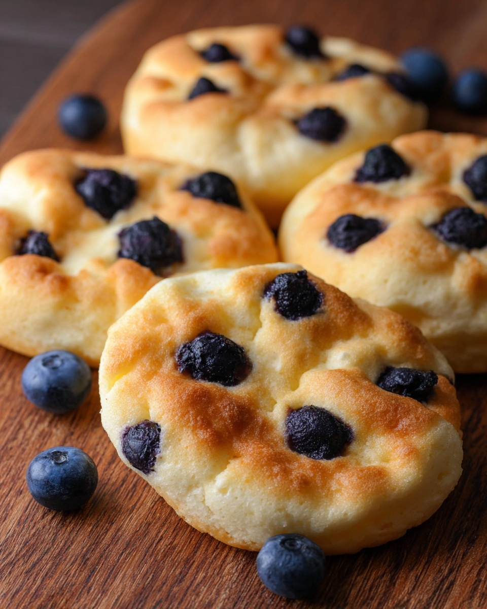 The image shows a group of small, round, light golden cloud-like baked cakes with soft and puffy texture. Each cake has several dark blue blueberries scattered on top and slightly pressed into the surface. The edges of the cakes are browned, giving a slight crisp look, while the inside looks soft and airy. The cakes are placed close together on a wooden surface with a few loose blueberries around. photo taken with an iphone --ar 4:5 --v 7