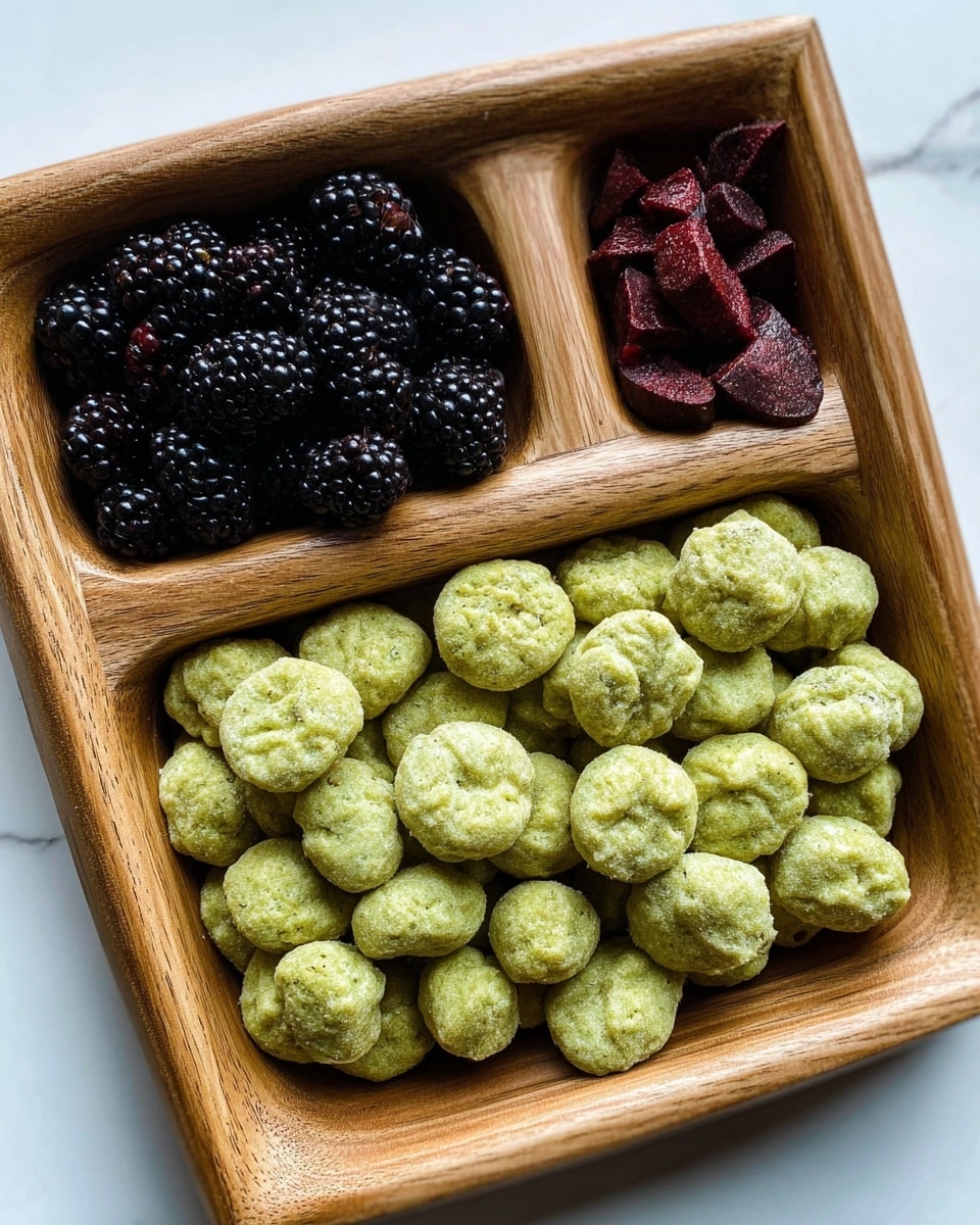 The image shows a wooden tray divided into three sections, with the largest section filled with many small, round, light green puffs that have a slightly wrinkled texture. In the upper left smaller section, there are shiny blackberries, and in the upper right smaller section, there are pieces of dark red fruit. The tray rests on a white marbled surface. photo taken with an iphone --ar 4:5 --v 7