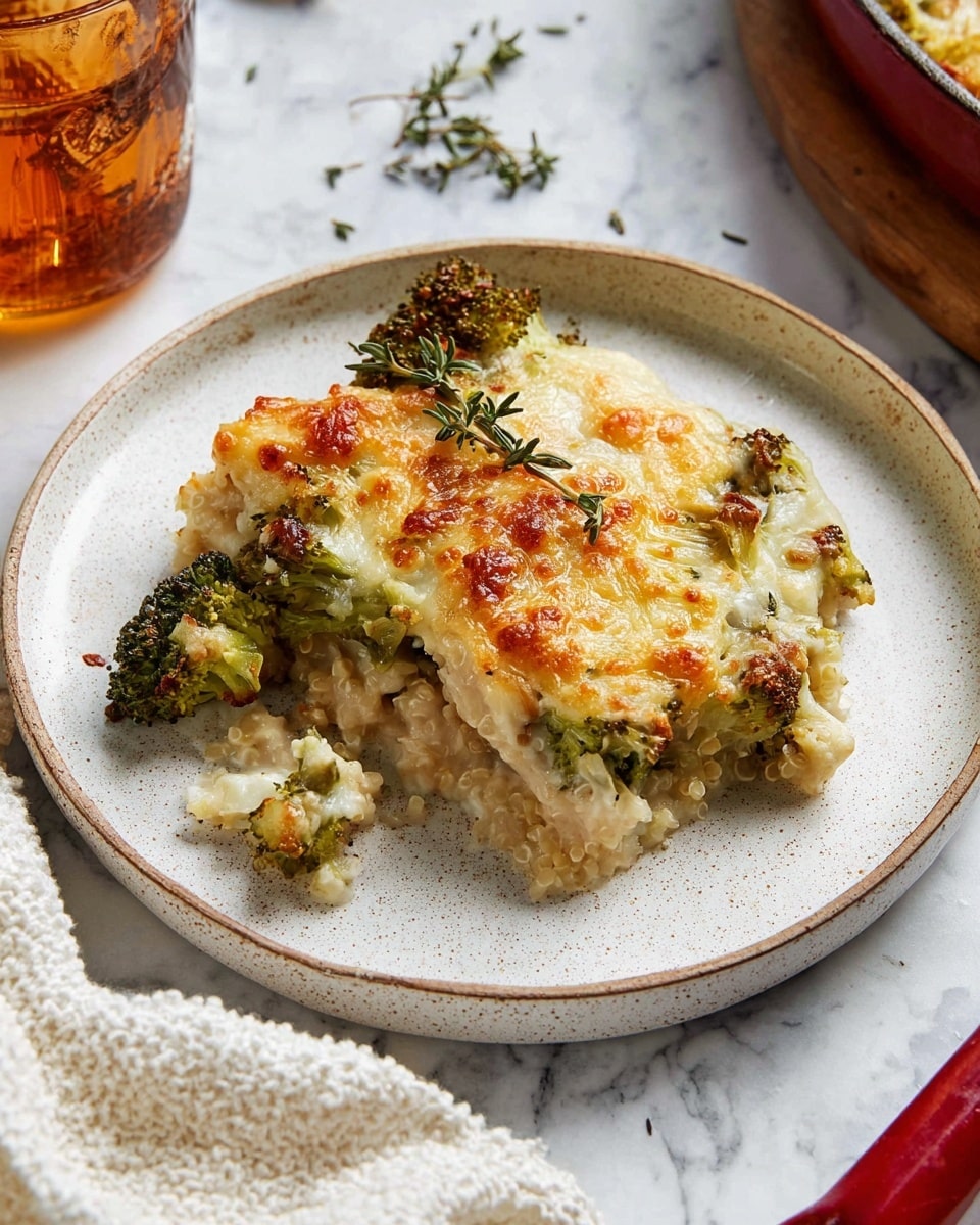 A white rectangular casserole dish with red handles filled with a creamy baked chicken and broccoli casserole. The top layer is golden brown melted cheese with crispy browned spots and sprinkles of herbs, covering soft white chicken chunks and green broccoli pieces underneath. A silver spoon rests inside the dish, scooping a portion to show the creamy, textured filling beneath the cheese. The dish sits on a white marbled surface with some small green herb sprigs nearby. Photo taken with an iphone --ar 4:5 --v 7