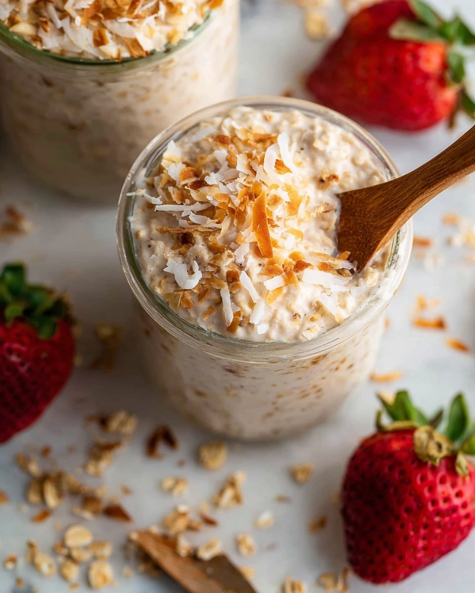 A close-up view of two clear glass jars filled with a creamy oatmeal mix topped with golden toasted coconut flakes. The top layer is thick and textured with oats and coconut, with a wooden spoon scooping into one jar from the right side. The jars sit on a white marbled surface scattered with more toasted coconut flakes and a few bright red strawberries with green leaves in the background. The photo has warm lighting, showing detail and softness in the food. Photo taken with an iphone --ar 4:5 --v 7