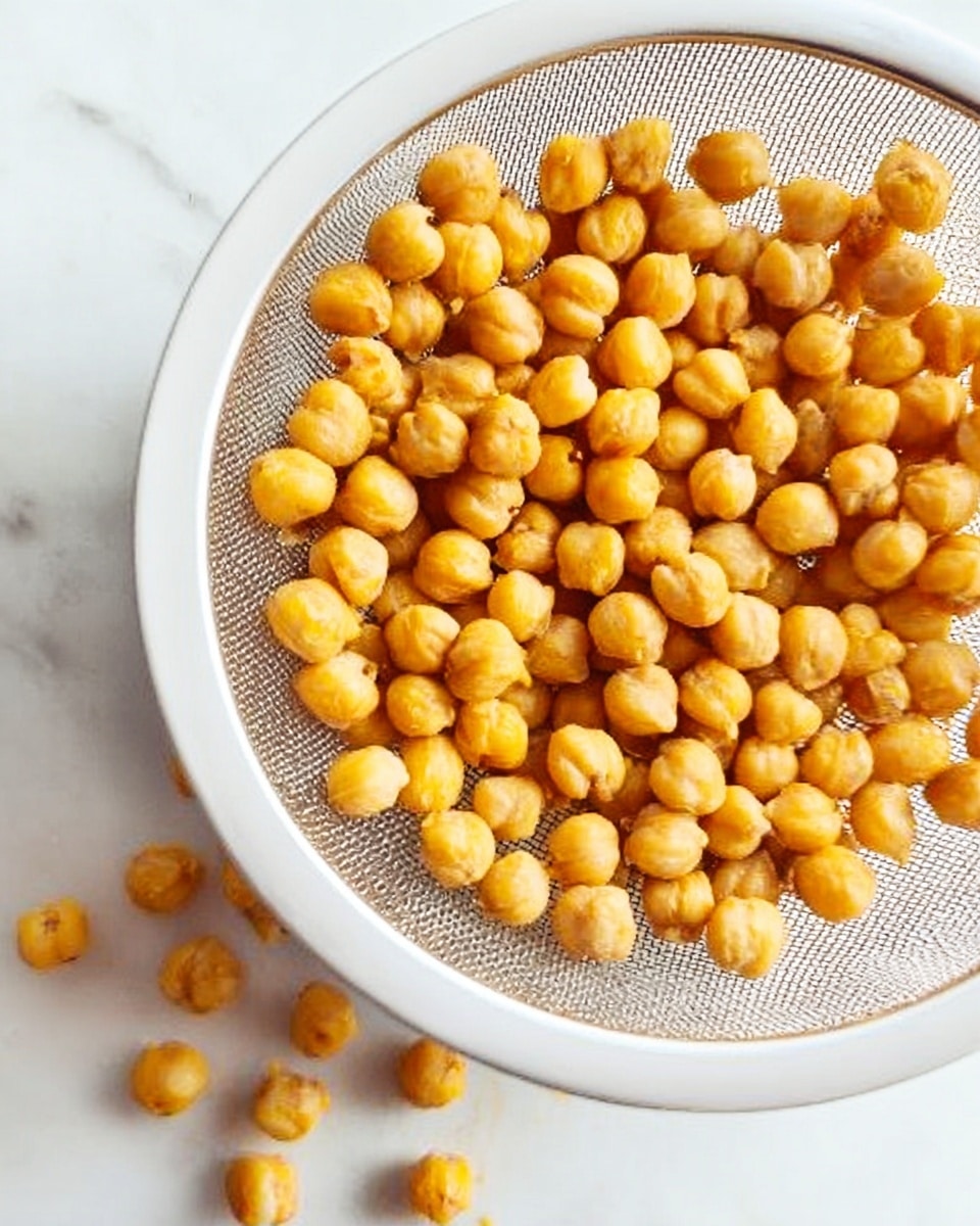 The image shows a white bowl filled with many round, golden yellow chickpeas that have a slightly roasted texture. The bowl is resting on a white marbled surface, and there are a few chickpeas scattered near the bowl on the surface. The lighting gives the chickpeas a warm, inviting glow. The scene looks clean and simple, focusing on the smooth, round shapes of the chickpeas and the fine mesh pattern of the bowl. Photo taken with an iphone --ar 4:5 --v 7