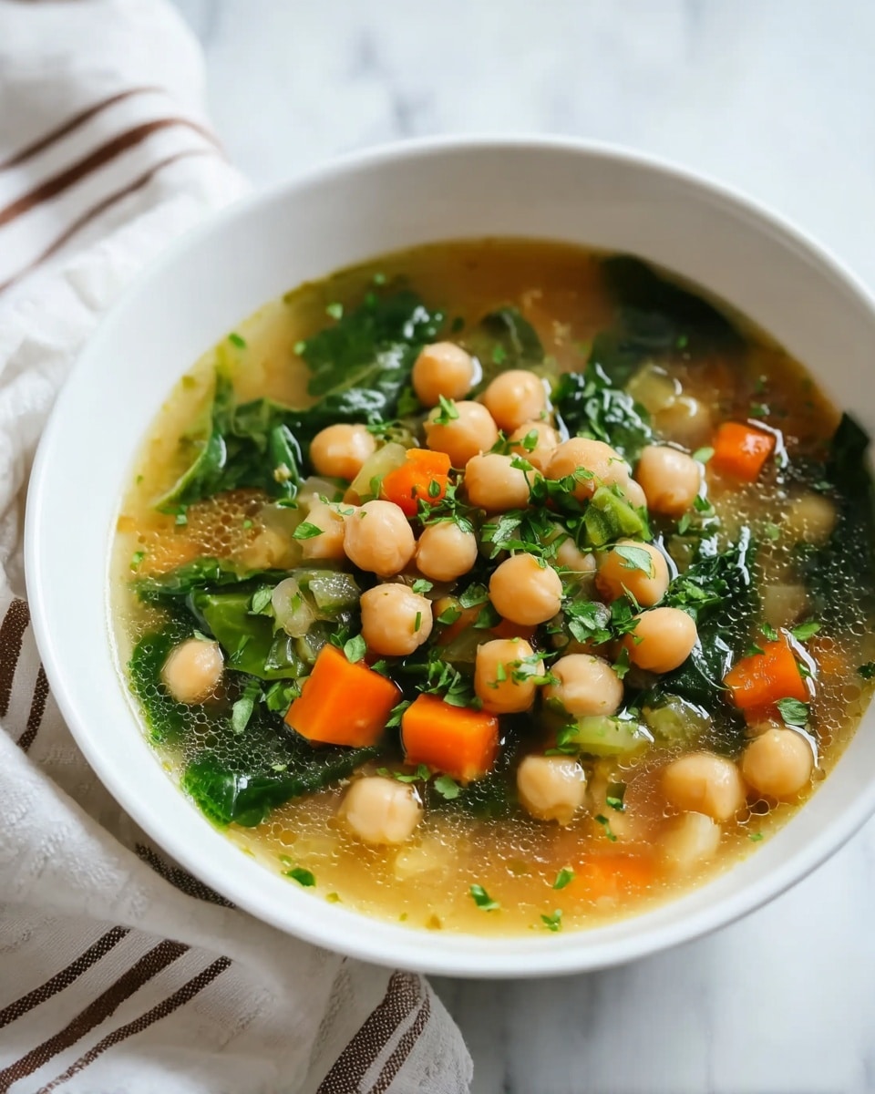 A white bowl filled with a clear broth soup that has three main layers: the bottom thin yellowish broth, a middle layer of fresh green leafy vegetables and small light green chunks, and a top layer of round beige chickpeas scattered evenly along with small orange cubes, likely carrots, and small green herb leaves on top. The bowl sits on a white marbled surface next to a white cloth with thin brown stripes visible on the side. Photo taken with an iphone --ar 4:5 --v 7