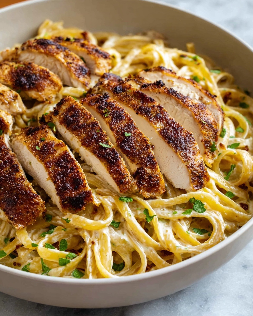 A close-up view of a white bowl filled with creamy linguine pasta as the base layer, light yellow in color with a smooth texture and sprinkled with small green herb pieces. On top, there is a layer of evenly sliced grilled chicken arranged in a slightly fanned-out manner, showing a crisp, dark brown seasoned crust on the outside and juicy white meat inside. The pasta and chicken sit on a white marbled surface. Photo taken with an iphone --ar 4:5 --v 7