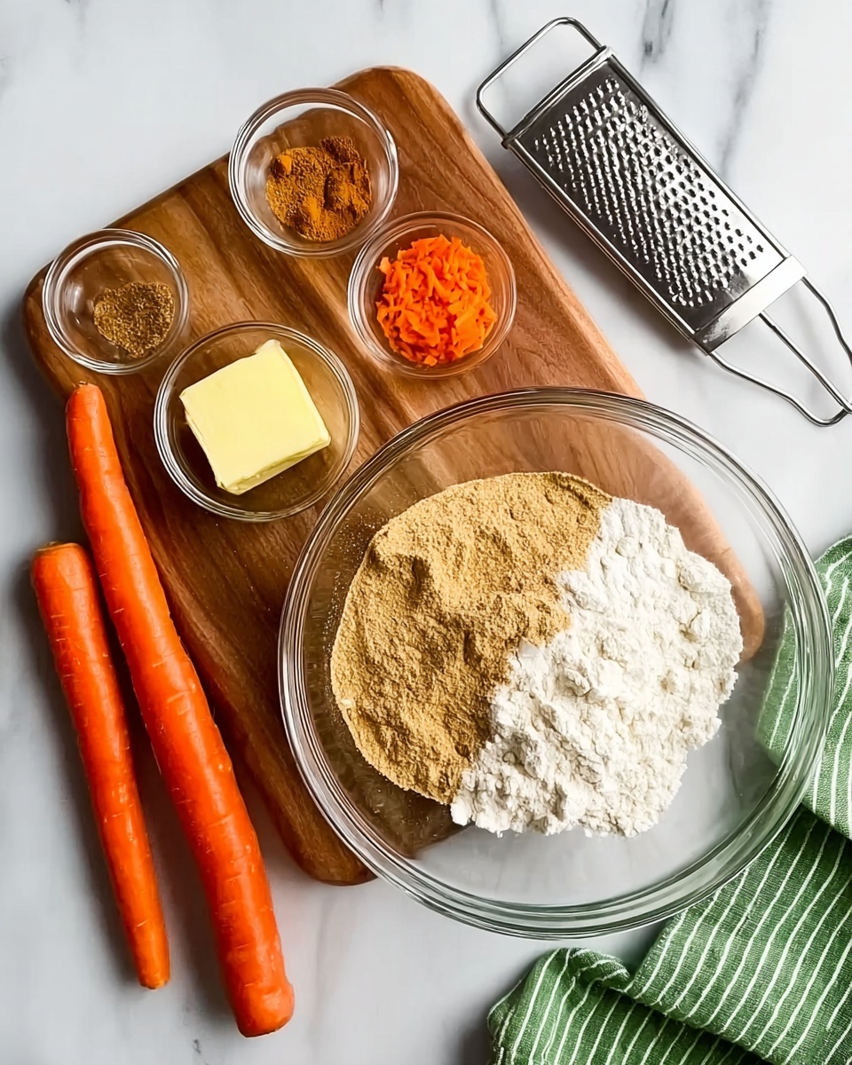 A glass bowl on a white marbled surface holds two clear sections of ingredients: light brown sugar on the left and white flour on the right, touching in the middle. To the left of the bowl, there is a wooden board with five small glass bowls arranged on it: one holds a yellow square of butter, another has orange grated carrot, one contains a brown spice powder, and the others are empty or partly visible. Two whole orange carrots lay diagonally on the white marbled surface, one on the left side of the wooden board and the other above it with a silver grater resting on top. A green and white striped cloth is on the upper right side in the background. Photo taken with an iphone --ar 4:5 --v 7