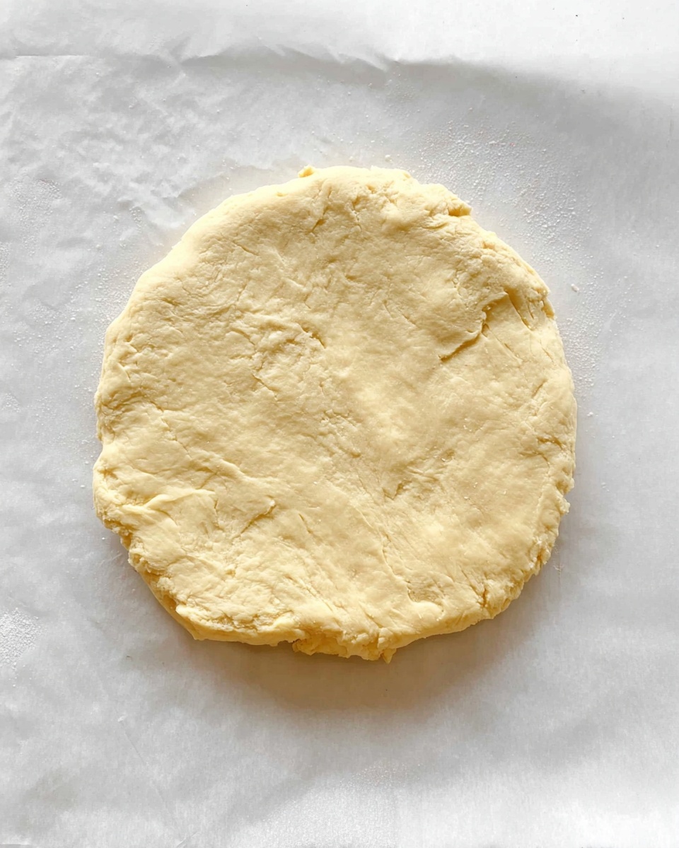 A round, pale yellow dough disk with a soft and slightly uneven surface rests on a sheet of parchment paper, placed on a white marbled texture. The dough has a smooth yet thick texture with some visible small creases and slight imperfections around the edges, showing a hand-pressed, rustic look. Photo taken with an iphone --ar 4:5 --v 7