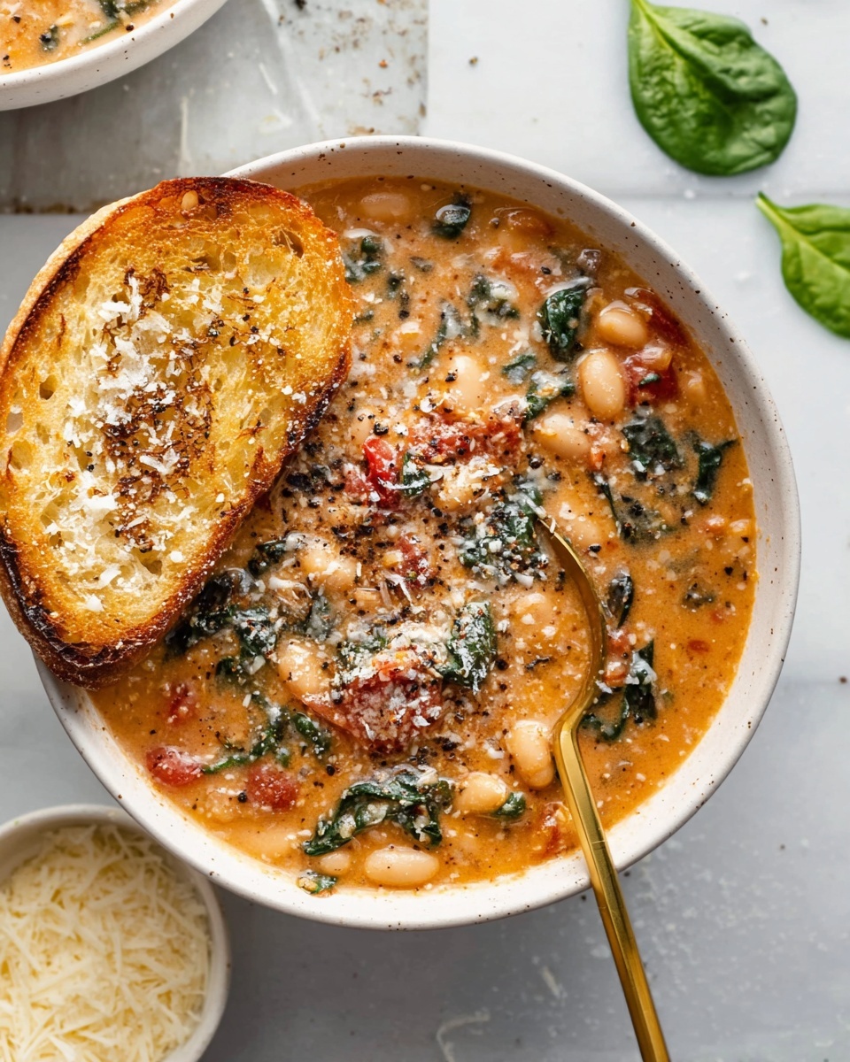 A white bowl filled with a thick soup that has visible layers of white beans, dark green spinach leaves, and red tomato pieces mixed in a creamy orange broth, sprinkled with grated cheese and black pepper on top. A golden spoon rests inside the bowl, leaning on a toasted golden brown slice of bread with some cheese sprinkled on it. The bowl is placed on a white marbled surface, with some cheese in a white bowl nearby and a green spinach leaf partially visible. Photo taken with an iphone --ar 4:5 --v 7