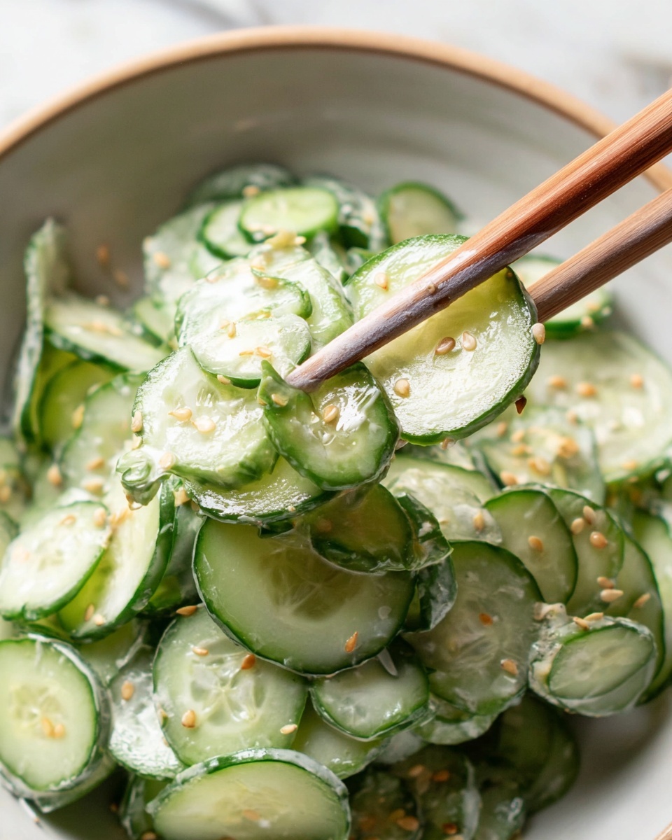 Thin pale green cucumber slices with darker green edges are layered and mixed together, coated lightly in a creamy white dressing. Small light brown sesame seeds are scattered on top, adding texture. The cucumber pieces look fresh and moist, held by wooden chopsticks above a white bowl filled with more cucumber salad. The background is a white marbled texture. photo taken with an iphone --ar 4:5 --v 7