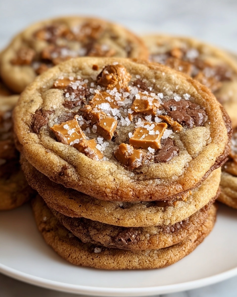 A close-up view of a stack of five round cookies on a white plate, each cookie showing a golden brown color with a slightly darker edge. The top cookie has visible chunks of melted chocolate and toffee pieces scattered across its surface, sprinkled with coarse sea salt. The texture looks soft and chewy in the middle with a slight crisp around the edges. The cookies are stacked unevenly, creating layers of warm brown shades and highlighting their rich, inviting texture. The background is a white marbled surface. photo taken with an iphone --ar 4:5 --v 7