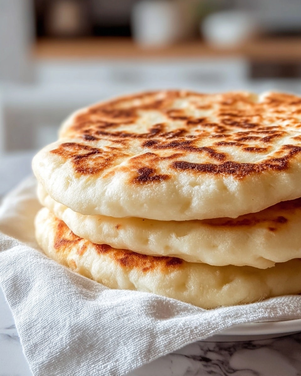 A stack of three thick, round flatbreads with a golden-brown, slightly uneven toasted surface on top. Each flatbread has a soft, fluffy texture visible on the sides, with a light cream color beneath the browned patches. The flatbreads are piled closely on a white plate that rests on a white cloth, all set on a white marbled surface. The background shows a softly blurred kitchen setting. Photo taken with an iphone --ar 4:5 --v 7