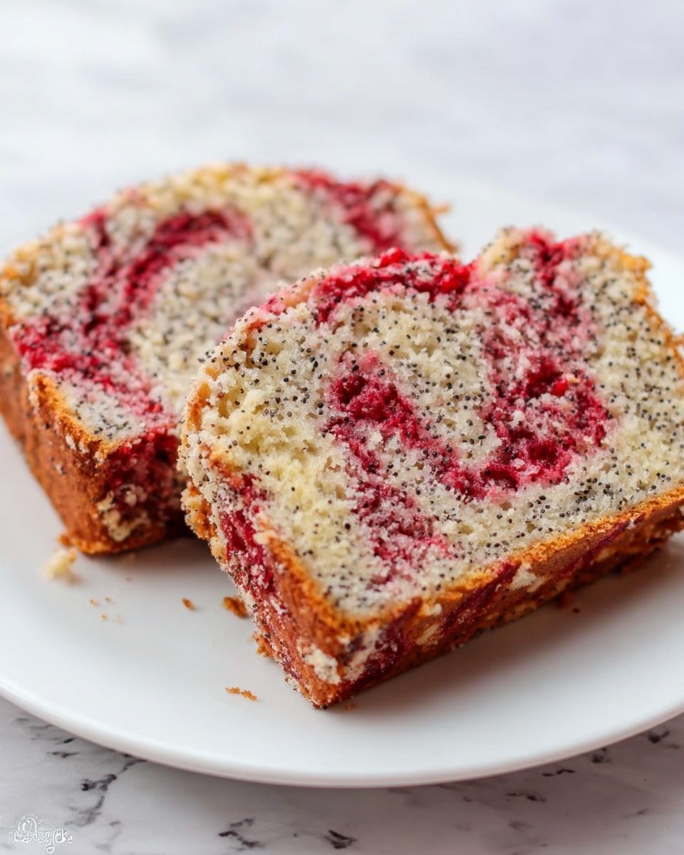 The image shows two thick slices of poppy seed and raspberry swirl bread placed side by side on a white plate. Each slice has a light, soft texture with visible black poppy seeds spread throughout the light beige bread. Bright red raspberry swirls run unevenly across the slices, adding vibrant color contrast. The crust is slightly browned and textured, forming a gentle edge around the bread. The plate sits on a white marbled surface. photo taken with an iphone --ar 4:5 --v 7