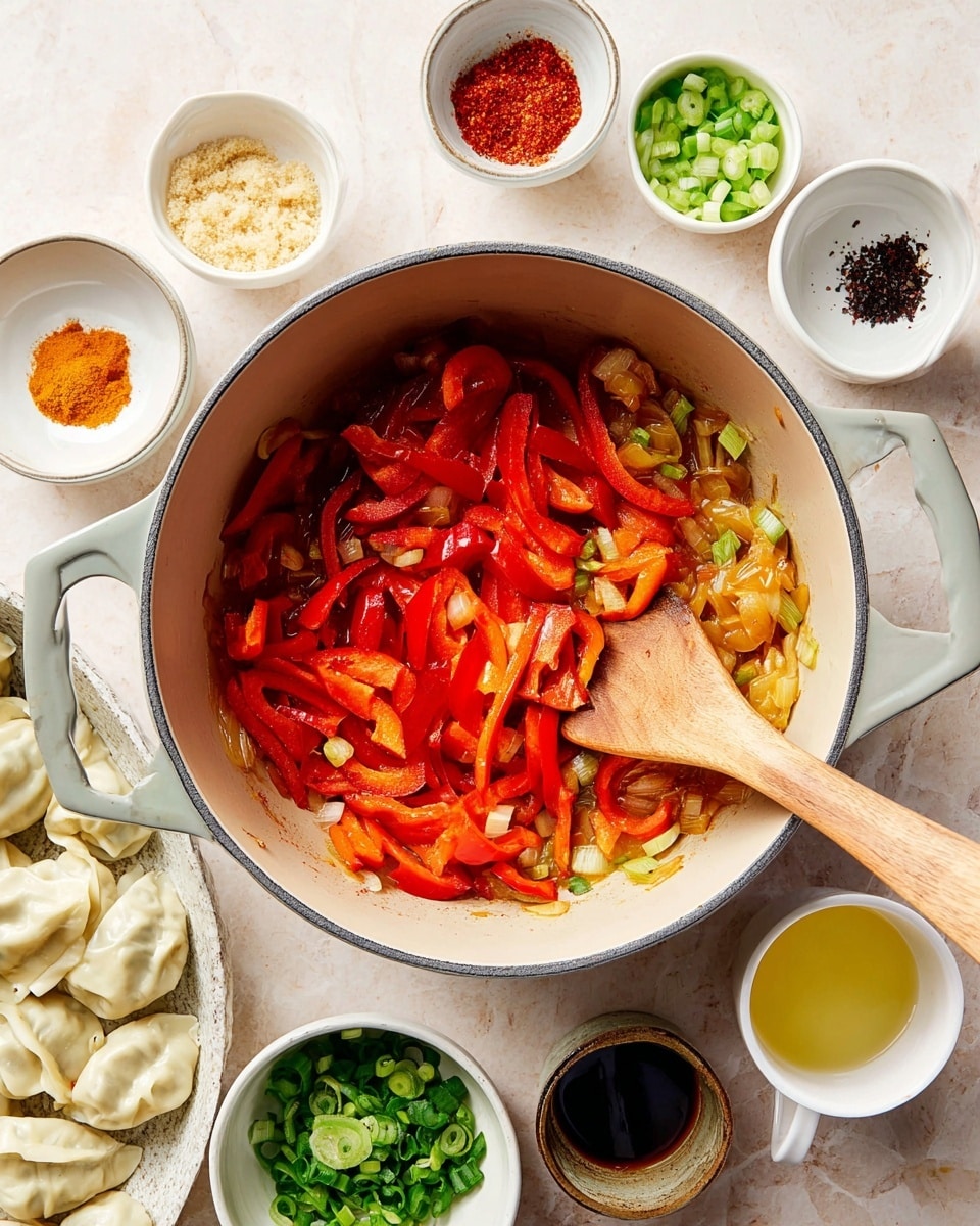 The image shows a top view of a large round light gray pot with two handles on a white marbled surface. Inside the pot, there are cooked red bell pepper slices and diced onions that are soft and light golden in color, being stirred by a wooden spoon resting inside the pot on the right side. Around the pot, there are small white bowls arranged in a loose circle, each holding different ingredients including minced garlic, brown sugar, chili oil, a red paste, chopped green onions, and leafy greens. At the bottom left corner, there is a white bowl filled with uncooked dumplings, and to the bottom right, a white cup with a light yellow liquid and a small dark bowl with a dark sauce are visible. The whole setup looks bright and fresh. photo taken with an iphone --ar 4:5 --v 7