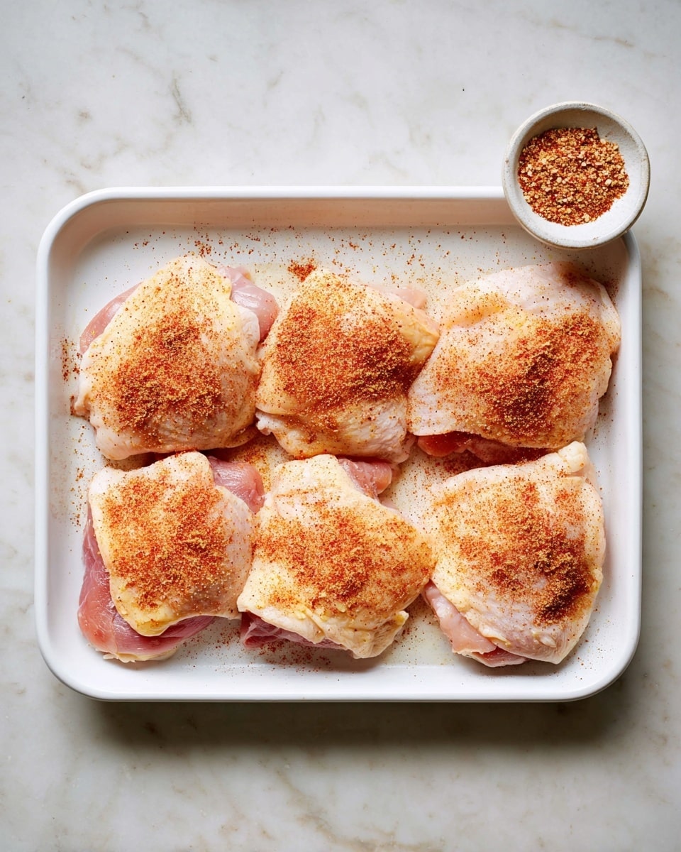 A white rectangular tray holds six pieces of raw chicken thighs evenly arranged in two rows of three. Each piece is pale pink with soft yellow skin on top, sprinkled with reddish-orange seasoning powder that adds a slightly grainy texture. To the upper right of the tray, there is a small white round dish filled with the same reddish-orange spice mixture. The background is a white marbled surface with subtle grey and beige veins. photo taken with an iphone --ar 4:5 --v 7