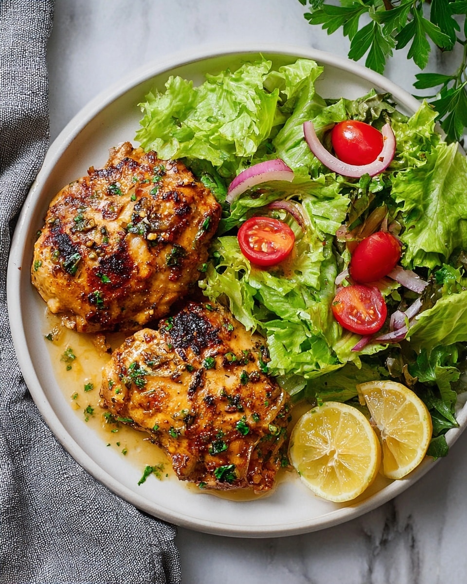 The dish shows two grilled chicken pieces with a golden-brown, slightly charred crust on the left side of a white plate. The chicken is sprinkled with small green herb bits and sits in a light sauce with small onion pieces. On the right side of the plate, there is a fresh green salad made of crisp leafy lettuce, bright red halved cherry tomatoes, and thin white onion slices. A lemon wedge is placed on the far right edge of the plate. The plate rests on a white marbled surface with some green leaves in the top right corner and a gray cloth near the bottom left. Photo taken with an iphone --ar 4:5 --v 7