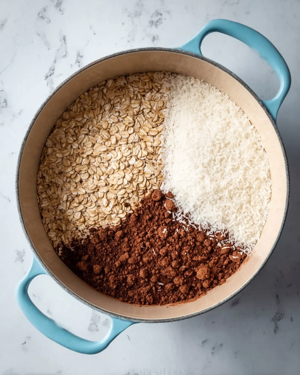 A round white cooking pot with light blue handles sits on a white marbled surface. Inside the pot, there are three main layers divided by color and texture: on the left, light beige rolled oats with a rough texture; in the middle, a dark brown powdery layer of cocoa; and on the right, a finely shredded white coconut layer. The three layers are placed next to each other without mixing, forming a simple tri-colored pattern inside the pot. photo taken with an iphone --ar 4:5 --v 7