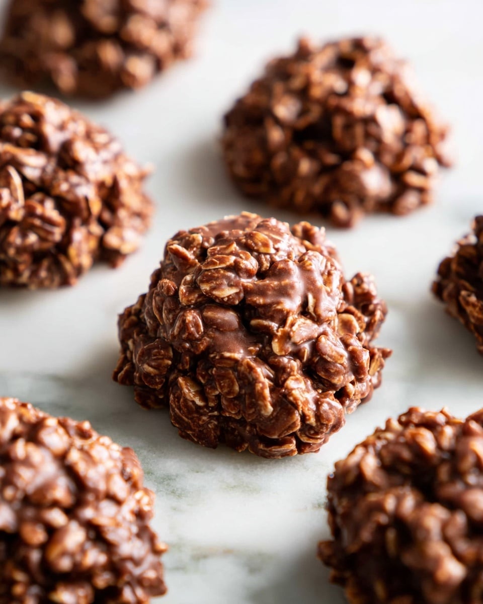 The image shows seven round chocolate oat clusters arranged on a white marbled surface. Each cluster has a rough texture with visible oats coated in a rich, dark brown chocolate layer that looks slightly glossy. The clusters are uneven in shape but roughly the same size, creating a natural and homemade feel. The focus is on the closest cluster in the middle, with the rest softly blurred in the background, showing the dense, chunky appearance of the chocolate and oat mixture. photo taken with an iphone --ar 4:5 --v 7