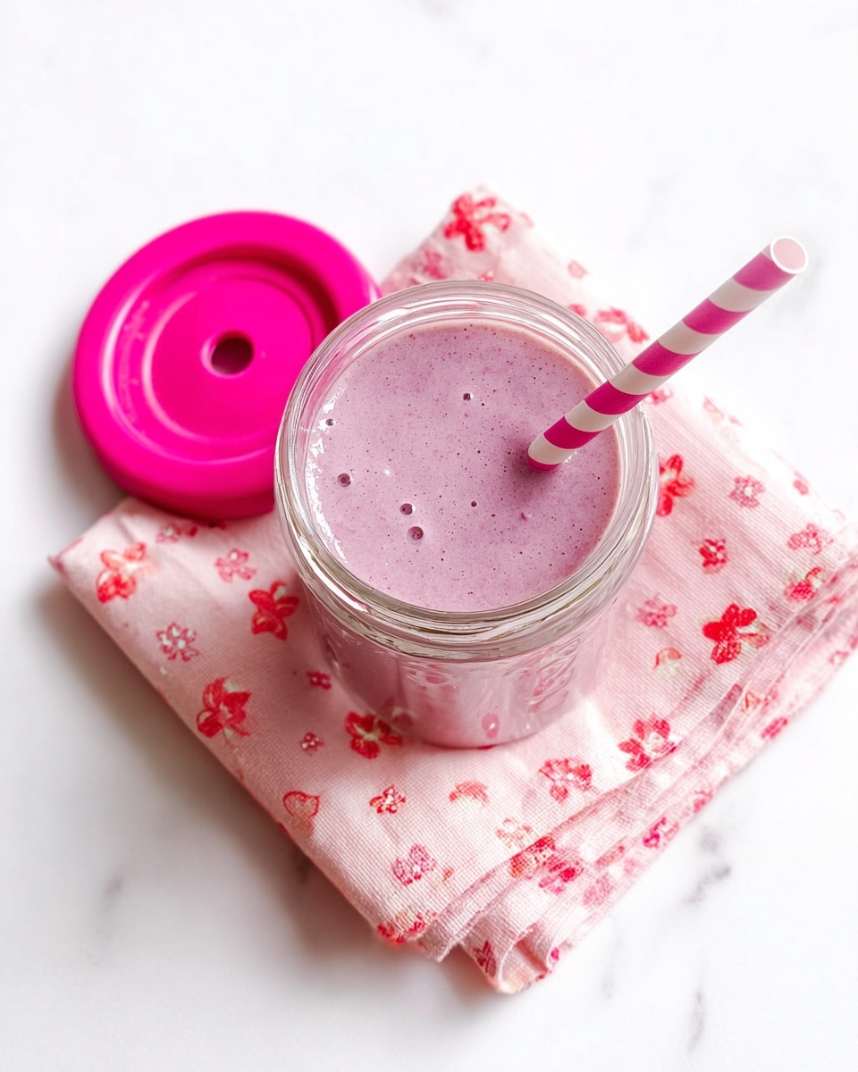 A clear glass jar filled with a light purple smoothie sits on a white marbled surface, placed on top of a pink cloth decorated with small red and pink flower patterns. Next to the jar is a bright pink lid with a hole in the center, through which a pink and white striped straw is inserted. The smoothie has a smooth, creamy texture with a few small bubbles on top. photo taken with an iphone --ar 4:5 --v 7