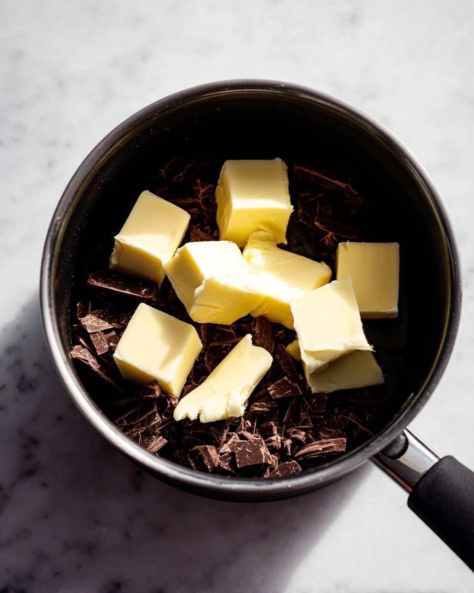 A black saucepan with a black handle holds a base layer of dark brown chopped chocolate pieces, topped with several uneven pale yellow butter cubes scattered around. The saucepan sits on a white marbled surface, and soft natural light highlights the smooth and slightly glossy texture of the butter contrasting with the rough, broken chocolate beneath. Photo taken with an iphone --ar 4:5 --v 7