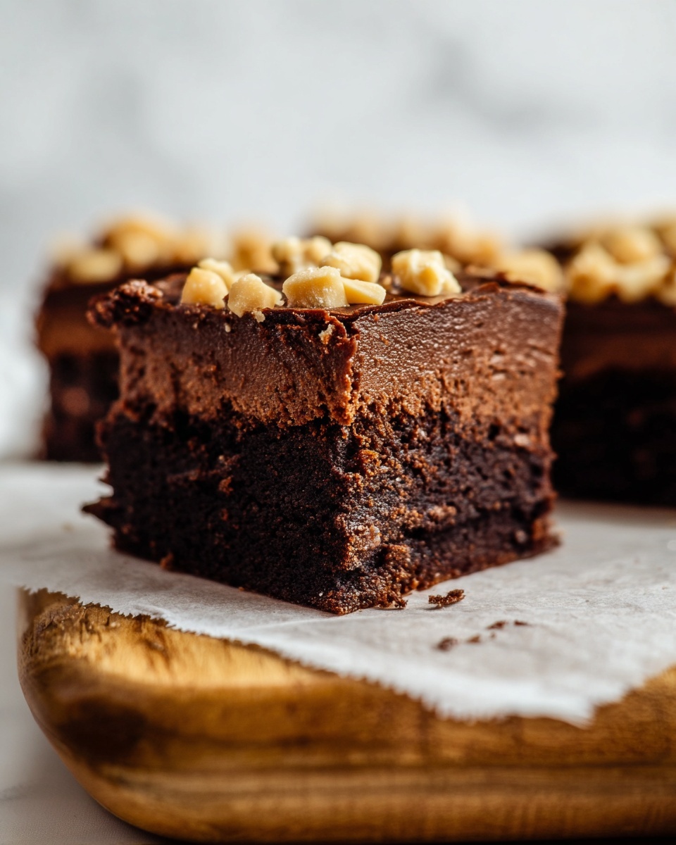 The image shows a close-up of a single square brownie piece with three visible layers: the bottom layer is dark brown and dense with a slightly cracked texture, the middle layer is a smoother medium-dark brown, and the top layer is a lighter brown with a crumbly texture. The top is sprinkled with light tan chopped nuts. The brownie sits on white parchment paper placed on a wooden board with natural grain. The background is a white marbled surface, softly blurred, emphasizing the rich, textured layers of the brownie. Photo taken with an iphone --ar 4:5 --v 7