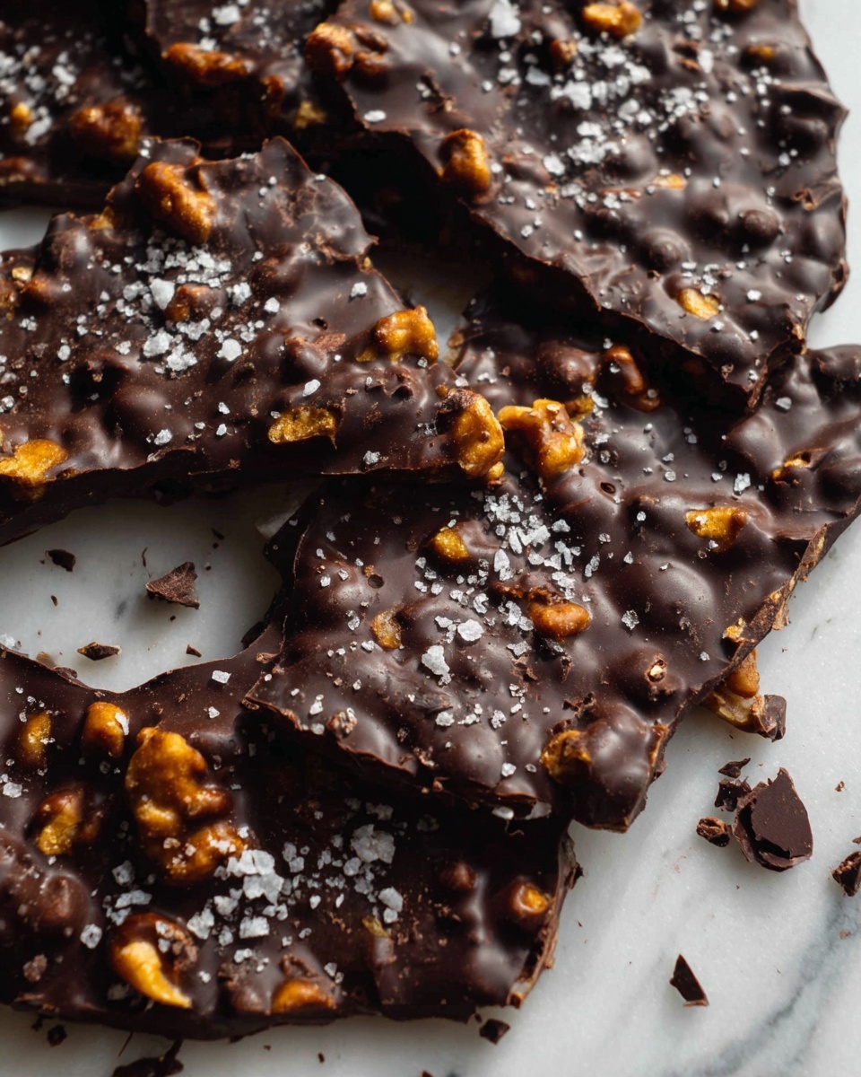 The image shows several pieces of dark chocolate bark scattered on a surface with a white marbled texture. Each piece is thick and uneven with a rough texture, studded with visible nuts inside, adding an orange-brown contrast under the glossy dark brown chocolate layer. Flakes of coarse sea salt are sprinkled on top, adding a shiny, crystalline white texture that stands out against the dark chocolate. Some small chocolate crumbs are scattered around the pieces. The focus is on the uneven surfaces and the mix of colors and textures in the chocolate bark. photo taken with an iphone --ar 4:5 --v 7