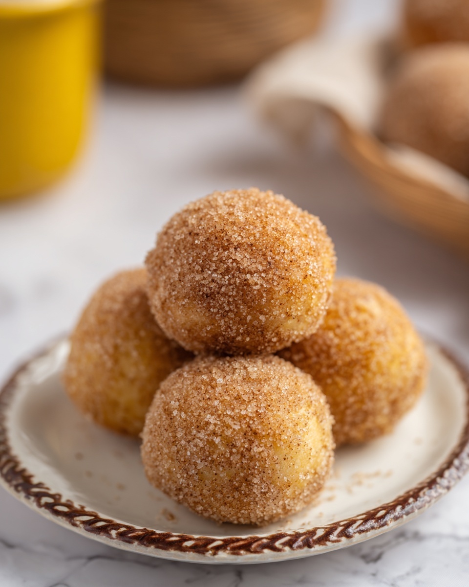 Four round pastry balls covered in a layer of coarse cinnamon sugar granules sit stacked on a small white plate with a brown decorative edge, placed on a white marbled surface. The balls are golden brown and show a rough textured coating from the sugar and cinnamon mix. The background is softly blurred, showing a hint of a basket of more pastries and a yellow container. Photo taken with an iphone --ar 4:5 --v 7