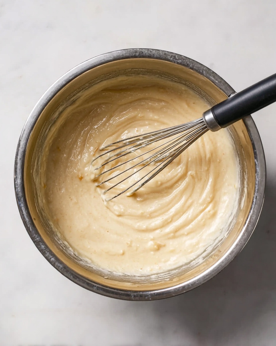 A shiny silver metal bowl filled with light tan batter that has a thick, smooth texture with small lumps inside, held above a white marbled surface. A metal whisk with a black handle rests inside the bowl, partially buried in the batter. The batter fills most of the bowl, showing creamy, swirled folds where it has been mixed. The lighting highlights the shiny steel and the creamy surface of the batter. photo taken with an iphone --ar 4:5 --v 7