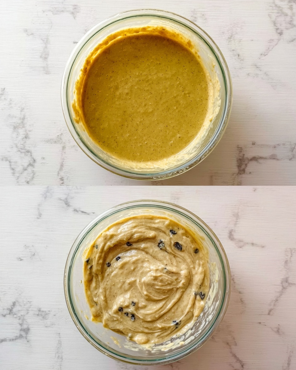 The image shows two clear glass bowls placed on a white marbled surface. The top bowl holds a single smooth layer of a light yellowish-green sauce with a slightly creamy texture, evenly spread across the bowl. The bottom bowl contains a thicker, swirled mixture in a pale beige color with visible small black specks and chunks mixed throughout, creating a textured surface. Both bowls are viewed from above, showing the contained mixtures clearly with their colors and textures standing out against the simple background. photo taken with an iphone --ar 4:5 --v 7