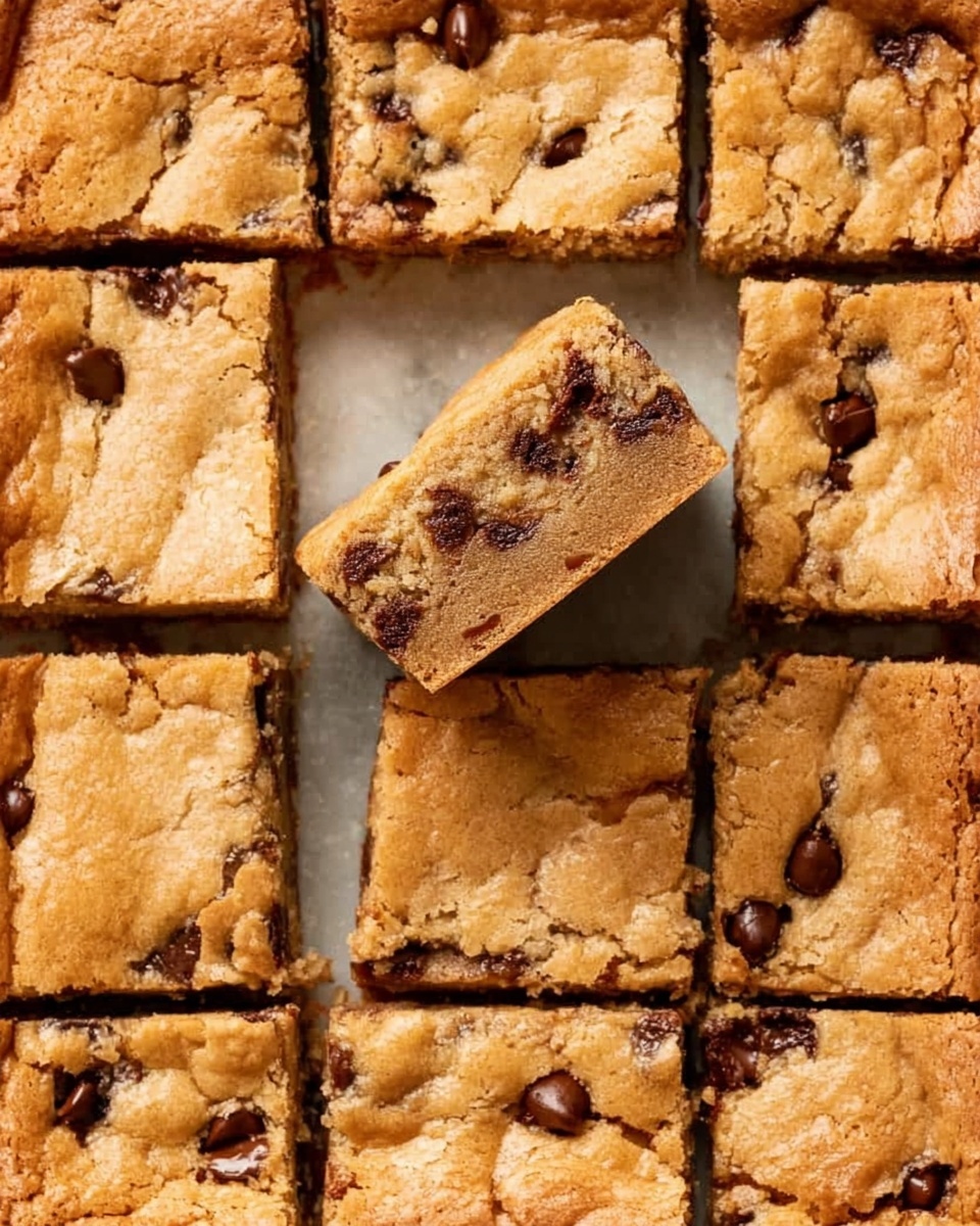 A close-up of nine square cookie bars arranged neatly on a white marbled surface, with one square lifted and resting tilted on top of the others, showing its layered inside. Each cookie bar has a golden-brown top layer with a slightly cracked, soft texture and visible chocolate chips scattered throughout. The inside layer is lighter and dense, packed with more chocolate chips, showing a chewy texture. The white marbled surface highlights the warm tones of the bars. Photo taken with an iphone --ar 4:5 --v 7