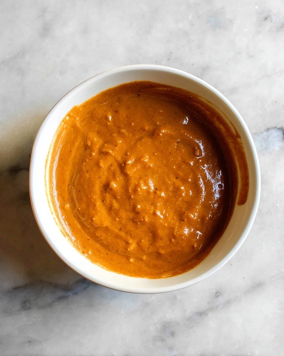 A white bowl filled with a thick, smooth orange-brown sauce that has a slightly glossy texture with small lumps visible throughout, sitting on a white marbled surface, the sauce evenly spread inside the bowl with some soft swirls and edges touching the sides of the bowl photo taken with an iphone --ar 4:5 --v 7