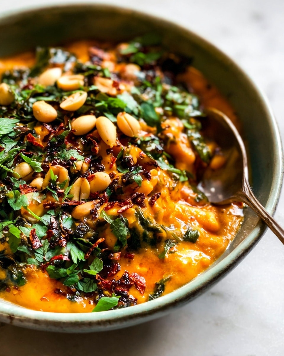 A close-up of a bowl layered with thick orange sauce topped with light yellow nuts, dark green leafy herbs, and small bits of red flakes, all mixed together with visible textures of creamy and chunky elements; a silver spoon is partially inserted on the right side of the bowl, which is set on a white marbled surface photo taken with an iphone --ar 4:5 --v 7