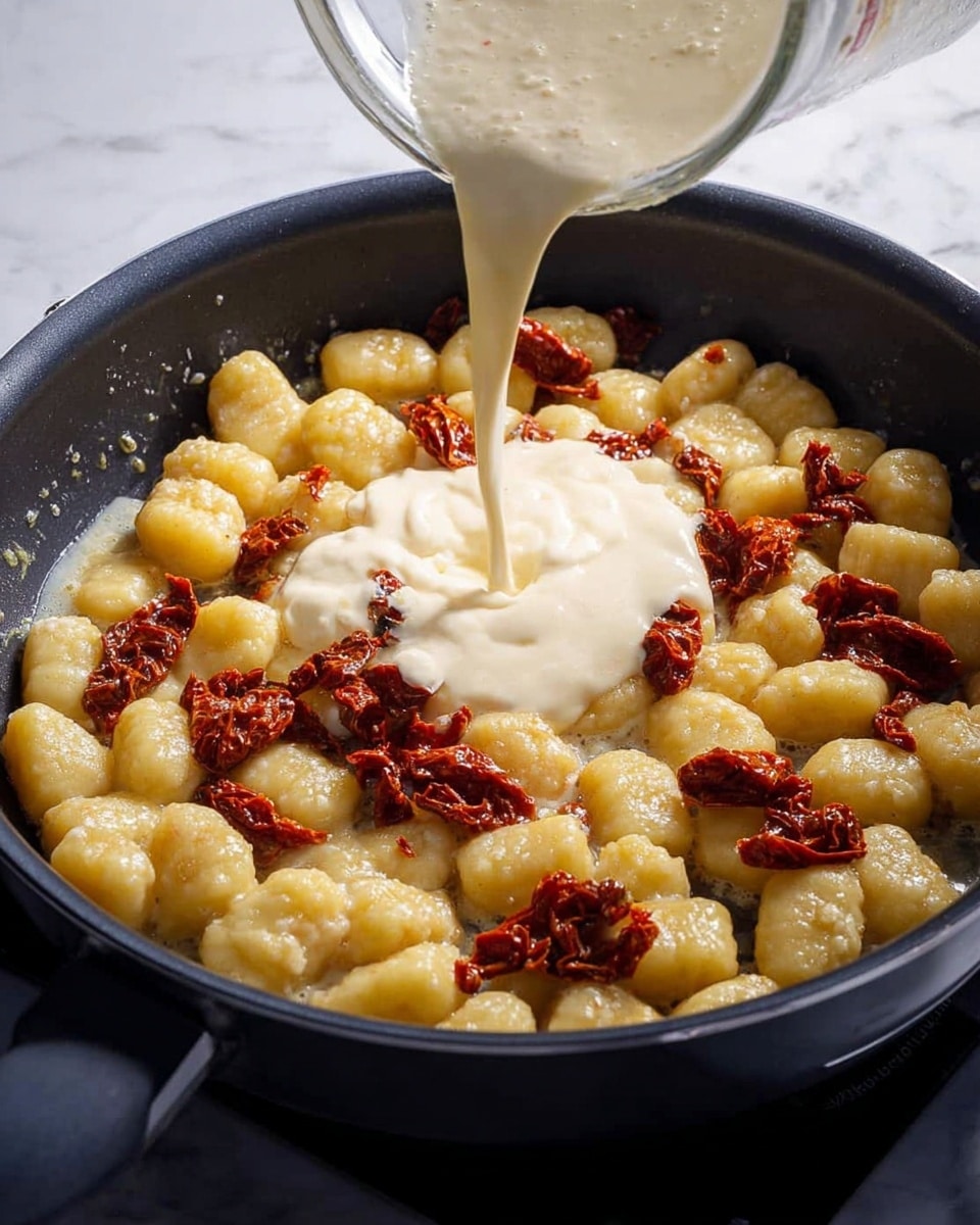 A black pan filled with soft gnocchi as the base layer, pale yellow in color with a smooth, slightly shiny texture. Scattered over the gnocchi are irregular pieces of sun-dried tomatoes, dark red with a wrinkled texture, adding contrast. Creamy white sauce is being poured in the center over the gnocchi and tomatoes, creating a smooth flowing layer that spreads softly across the surface. The pan sits on a white marbled surface. Photo taken with an iphone --ar 4:5 --v 7