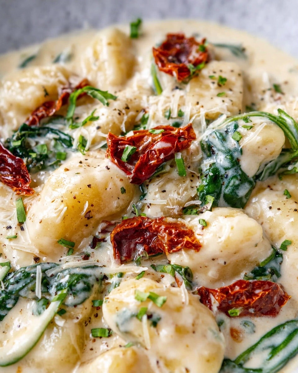 The dish shows several pale yellow gnocchi pieces covered with a smooth, creamy white sauce mixed with small shredded bits of white cheese on top. Scattered among the gnocchi are pieces of sun-dried tomatoes with a crinkled, deep orange-red color and fresh, dark green spinach leaves adding a sharp contrast. Tiny bits of chopped green herbs are dotted over the dish, and fine black pepper specks lightly spread across the surface. The background is a white marbled texture, focusing tightly on the rich texture of the creamy sauce and fresh ingredients. photo taken with an iphone --ar 4:5 --v 7