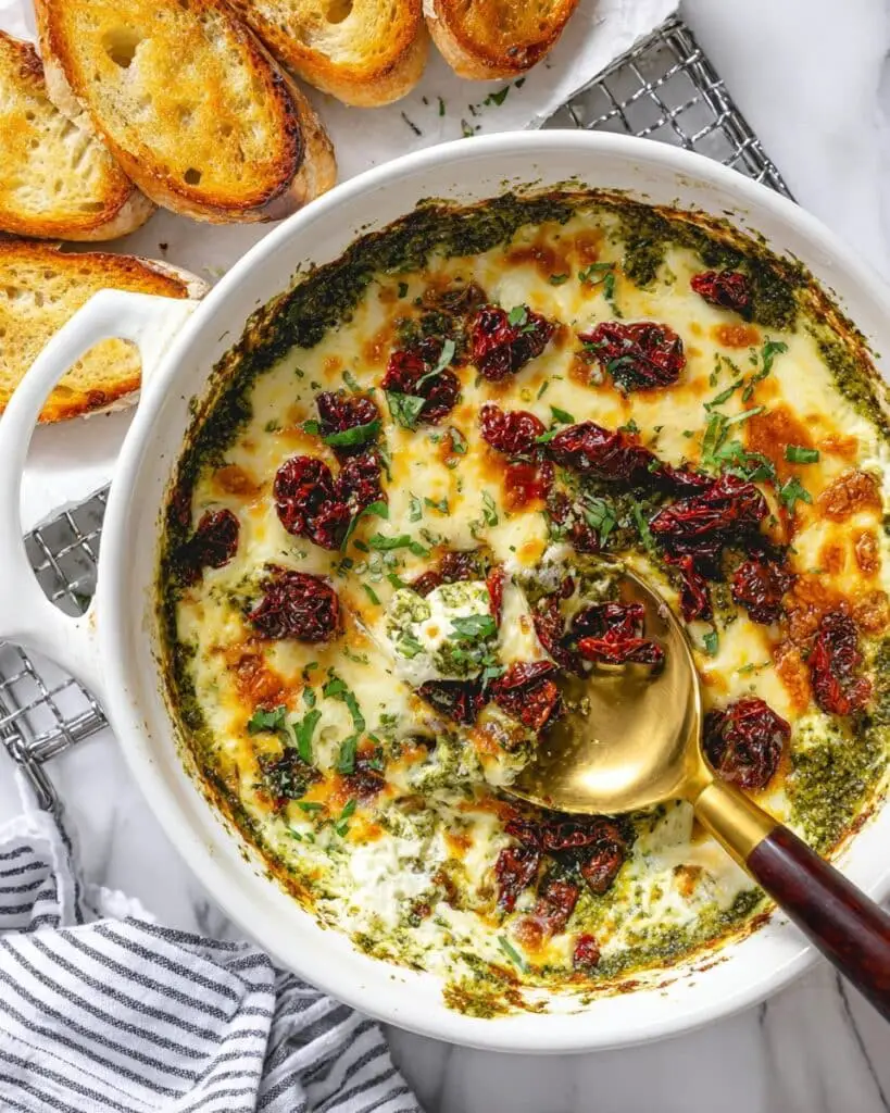 Easy Cheesy Baked Pesto and Sun-Dried Tomato Dip Recipe