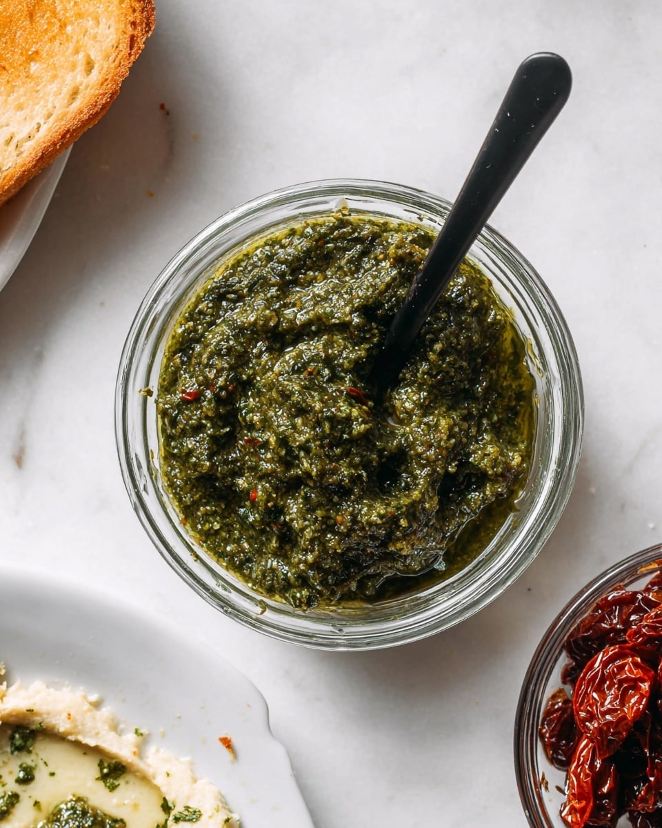 A small clear glass bowl filled with thick, dark green pesto sauce that has a slightly chunky texture sits on a white marbled surface. A black spoon is inside the bowl, standing upright in the pesto. To the right of the bowl, there is a smaller clear glass bowl containing dark red sundried tomatoes with a glossy finish. Part of a white plate is visible on the bottom left corner with a creamy spread that has specks of green herbs and some pesto dolloped on the edge. A piece of toasted bread with a golden brown crust is placed on the top left side of the image. Photo taken with an iphone --ar 4:5 --v 7