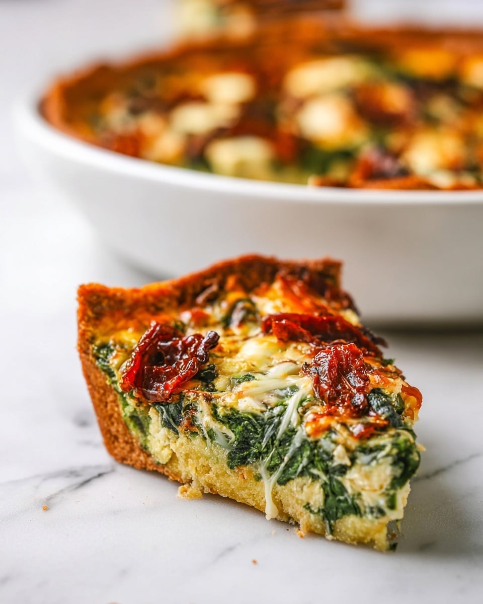 A slice of pizza with a thick, golden-brown crust sits on a white marbled surface. The pizza slice has three main layers: a crispy crust base, a middle layer of melted cheese mixed with green spinach leaves, and a top layer featuring dark red sun-dried tomato pieces with some melted cheese blending into the greens. In the background, a white bowl or dish holds the rest of the pizza with similar colors and textures visible but out of focus. The photo is brightly lit, emphasizing the rich colors and textures of the pizza. photo taken with an iphone --ar 4:5 --v 7
