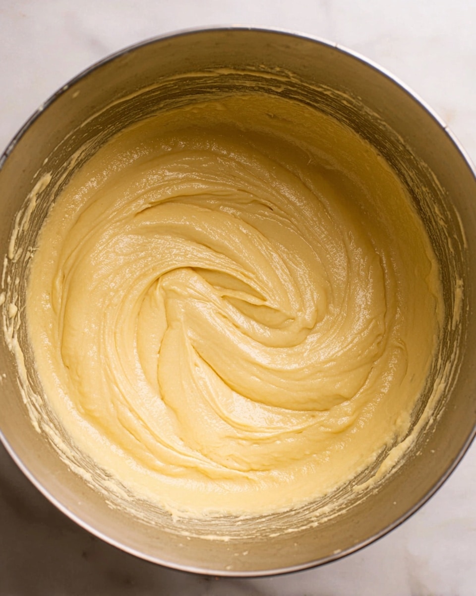The image shows a close-up view of a smooth, creamy batter inside a metal mixing bowl. The batter is light yellow and thick with a shiny, soft texture. It spreads evenly across the inside of the bowl, with gentle swirls visible on the surface, indicating it has been recently stirred. The metal bowl is clean except for some batter residue along the sides. The background features a white marbled texture. Photo taken with an iphone --ar 4:5 --v 7