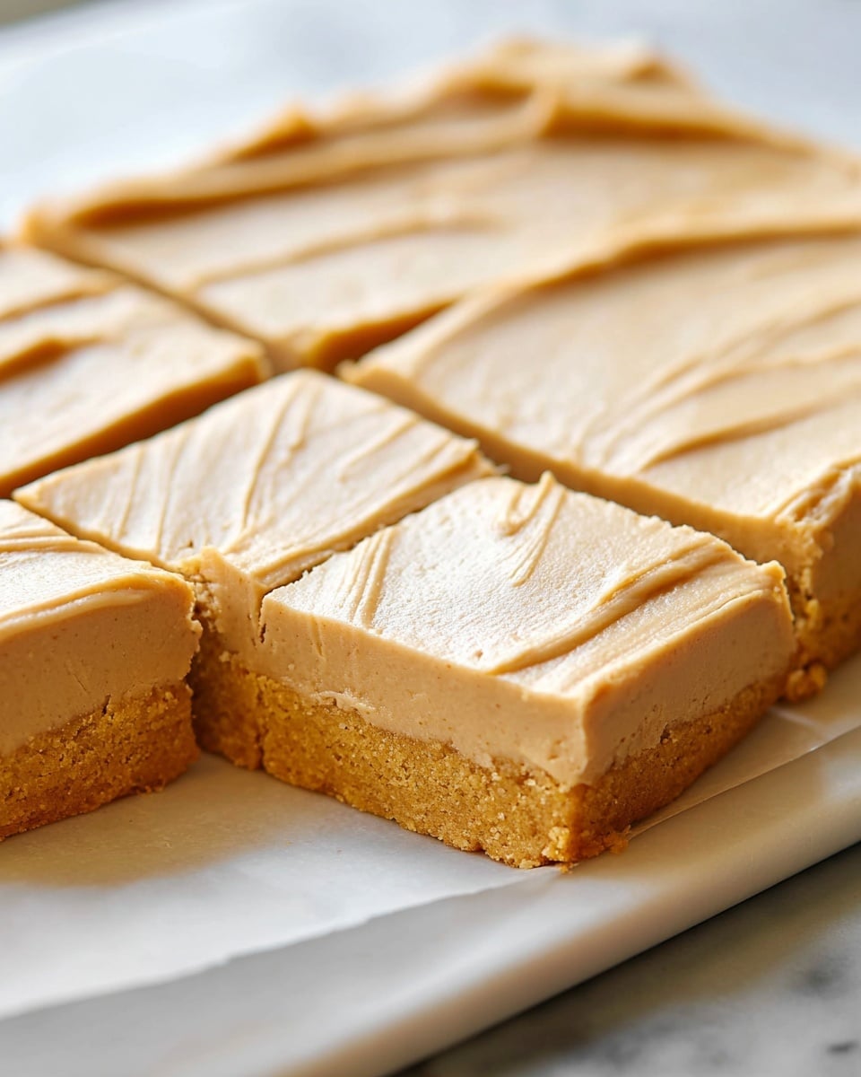 A close-up image shows a white rectangular baked bar on a white plate, placed on a white marbled surface. The baked base is light golden brown, thick, and looks soft with a smooth texture. The top layer is a pale tan spread with a creamy and smooth texture, evenly covering the surface but with visible swirl marks and slight ridges. The bar is cut into squares, with clean edges showing the two visible layers: the bottom golden base and the top tan spread layer. Photo taken with an iphone --ar 4:5 --v 7