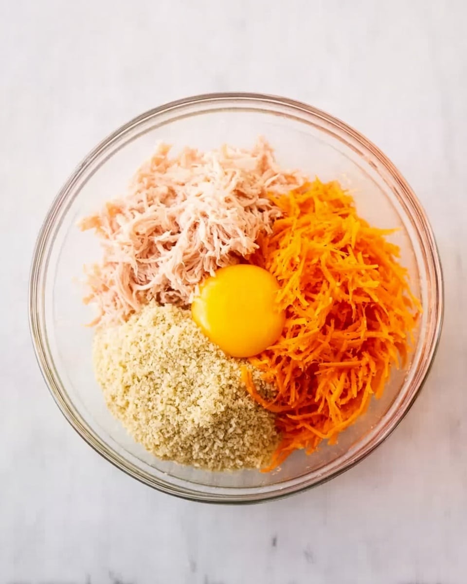 A clear glass bowl sits on a white marbled surface, filled with four distinct layers: shredded pale pink meat piled on one side, bright orange shredded carrots on the upper right side, a single bright yellow egg yolk in the center, and a grainy pale beige mixture at the bottom. The bowl shows all ingredients clearly through its sides. photo taken with an iphone --ar 4:5 --v 7