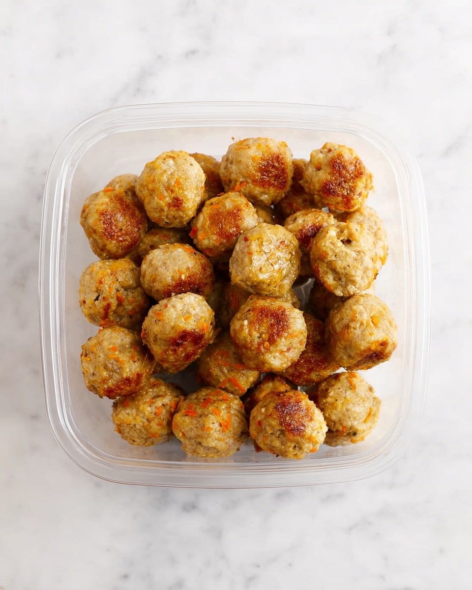 A clear plastic container holds about thirty small, round meatballs that are light golden-brown with some parts showing a slight darker brown from cooking. The meatballs have a rough texture with small bits of orange mixed in, giving a hint of added ingredients like grated vegetables. The container sits on a white marbled surface, and the meatballs are piled closely together, filling the container almost to the top. photo taken with an iphone --ar 4:5 --v 7