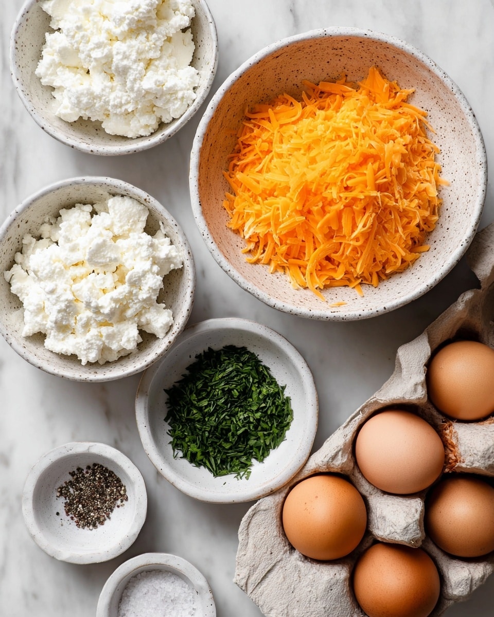 The image shows several ingredients placed on a white marbled surface, including a white speckled bowl filled with bright orange shredded cheese at the top center, below it to the left is a matching bowl with white cottage cheese, and below that is a small white bowl with chopped green herbs. To the right, there is an open carton with brown eggs, and near the bottom left corner, two small white speckled bowls contain coarse black pepper and salt. The colors range from the creamy white and bright orange of the cheeses, green herbs, to the brown eggs, all arranged neatly. photo taken with an iphone --ar 4:5 --v 7