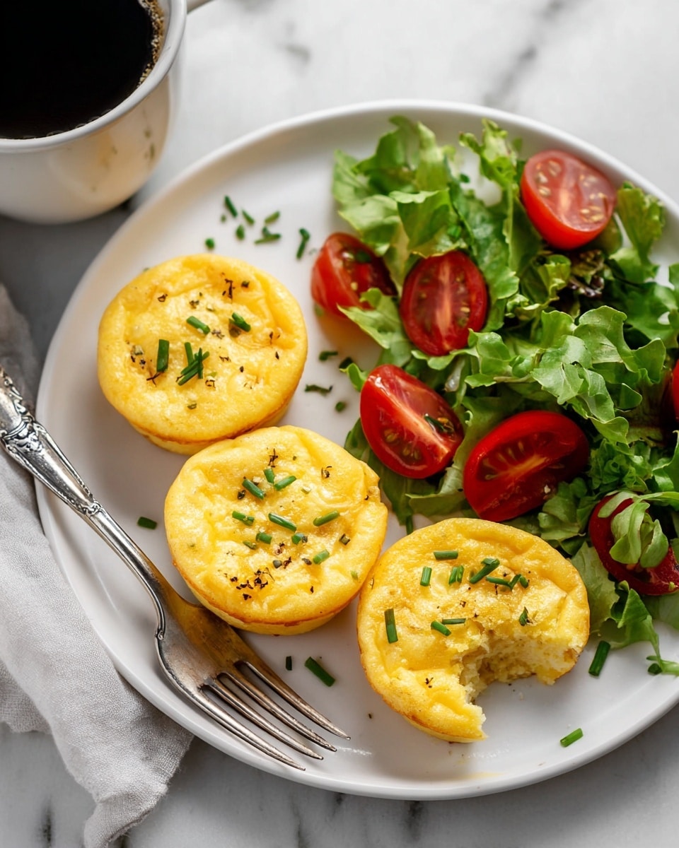 The image shows a white plate with three small, round egg muffins arranged on the left side. Each muffin has a golden-yellow color with small green chive pieces sprinkled on top. One muffin at the bottom right has a small bite taken out of it, showing a soft, light inside texture. On the right side of the plate, there is a fresh green lettuce salad mixed with halved, bright red cherry tomatoes. A silver fork rests on the left edge of the plate, and in the background, there is a white cup filled with dark coffee. The whole scene is set on a white marbled surface. photo taken with an iphone --ar 4:5 --v 7